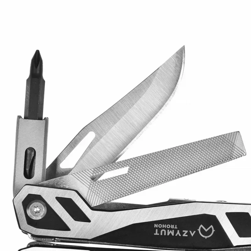 Multiusos AZYMUT Trohon H-P2010121 — alicate de tamaño completo de acero inoxidable con 12 herramientas, 8 puntas, plegado 10,5 cm, 381 g