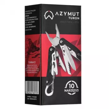 Multiusos AZYMUT Turon 10 herramientas mosquetón H-P224108 — acero inoxidable 420, 10 funciones, plegado 11 cm, peso 224 g, funda de cuero