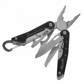 Multiusos AZYMUT Turon 10 herramientas mosquetón H-P224108 — acero inoxidable 420, 10 funciones, plegado 11 cm, peso 224 g, funda de cuero