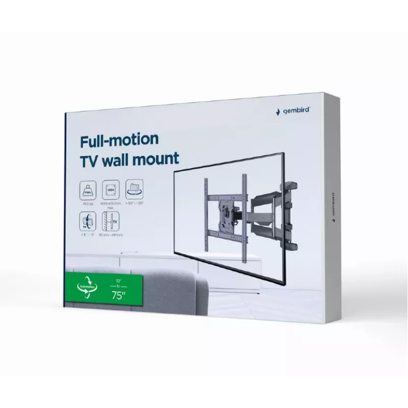 Gembird WM-75ST-01 soporte de pared articulado para TV de 32–75 pulgadas, VESA 600×400, máx. 45,5 kg, inclinación -5°–8°, giro ±50°, acero, negro