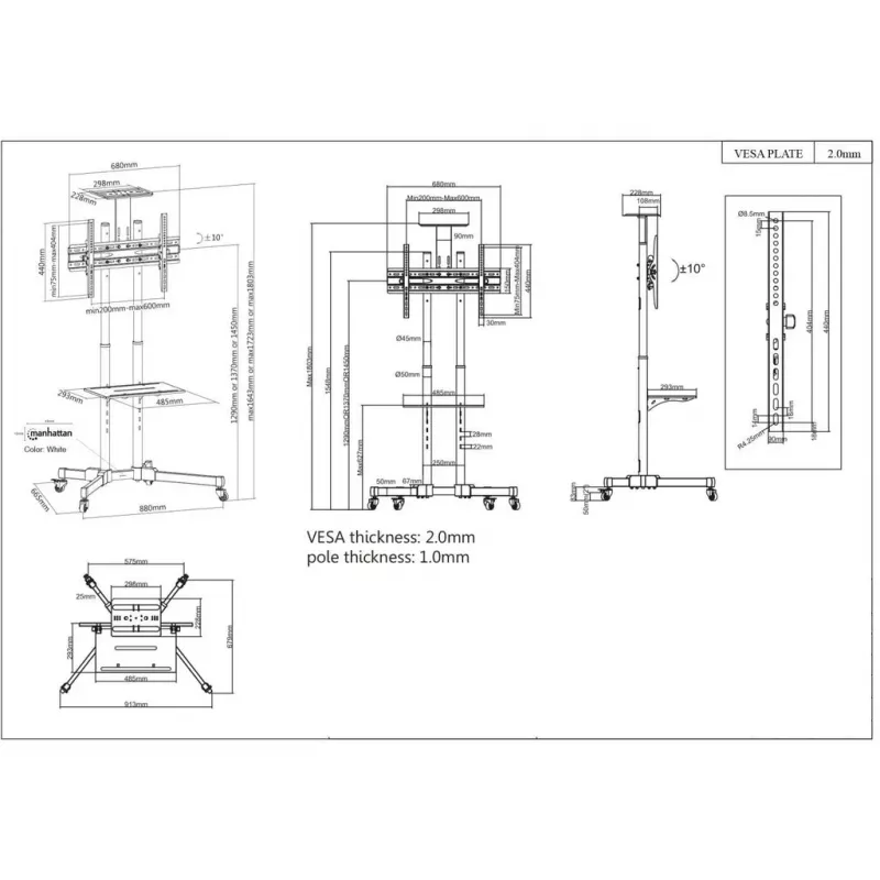 Soporte carro móvil para TV y monitor MANHATTAN 461238, móvil, negro, altura 1803 mm, VESA 200x200–600x400, máx. 50 kg