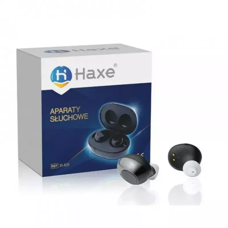 Amplificador de sonido Haxe JH-A39 in-ear, recargable, ganancia 35 dB, 400–4500 Hz, 6 niveles de volumen, estuche de carga