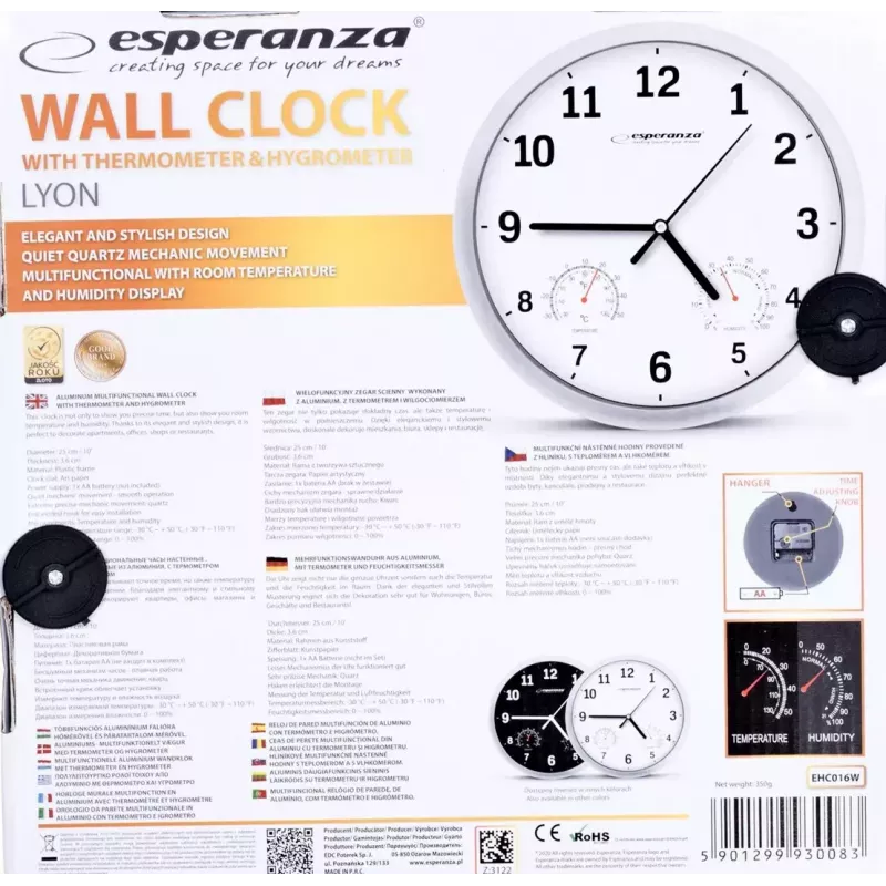 Reloj de pared de cuarzo Esperanza Lyon EHC016K, redondo, negro