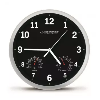 Reloj de pared ESPERANZA EHC016K Lyon negro, 25 cm de diámetro, mecanismo silencioso, tapa de cristal, marco de plástico