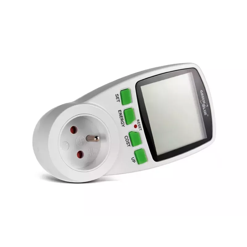 Vatímetro GreenBlue GB202 medidor de potencia 0–9999 W, 3600 W máx., 220–240 V, 16 A, pantalla LCD