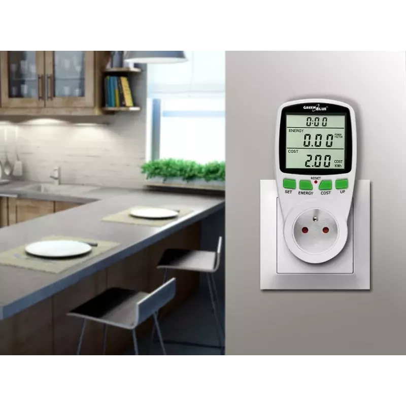 Vatímetro GreenBlue GB202 medidor de potencia 0–9999 W, 3600 W máx., 220–240 V, 16 A, pantalla LCD