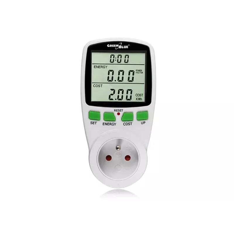 Vatímetro GreenBlue GB202 medidor de potencia 0–9999 W, 3600 W máx., 220–240 V, 16 A, pantalla LCD