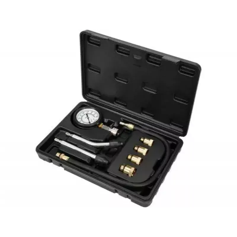 Manómetro analógico YATO YT-73022 0–20 bar, esfera de 75 mm, acero al carbono, manguera de 0,5 m, 4 adaptadores de latón, maletín