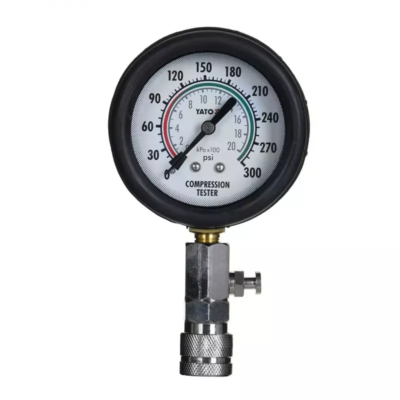 Manómetro analógico YATO YT-73022 0–20 bar, esfera de 75 mm, acero al carbono, manguera de 0,5 m, 4 adaptadores de latón, maletín