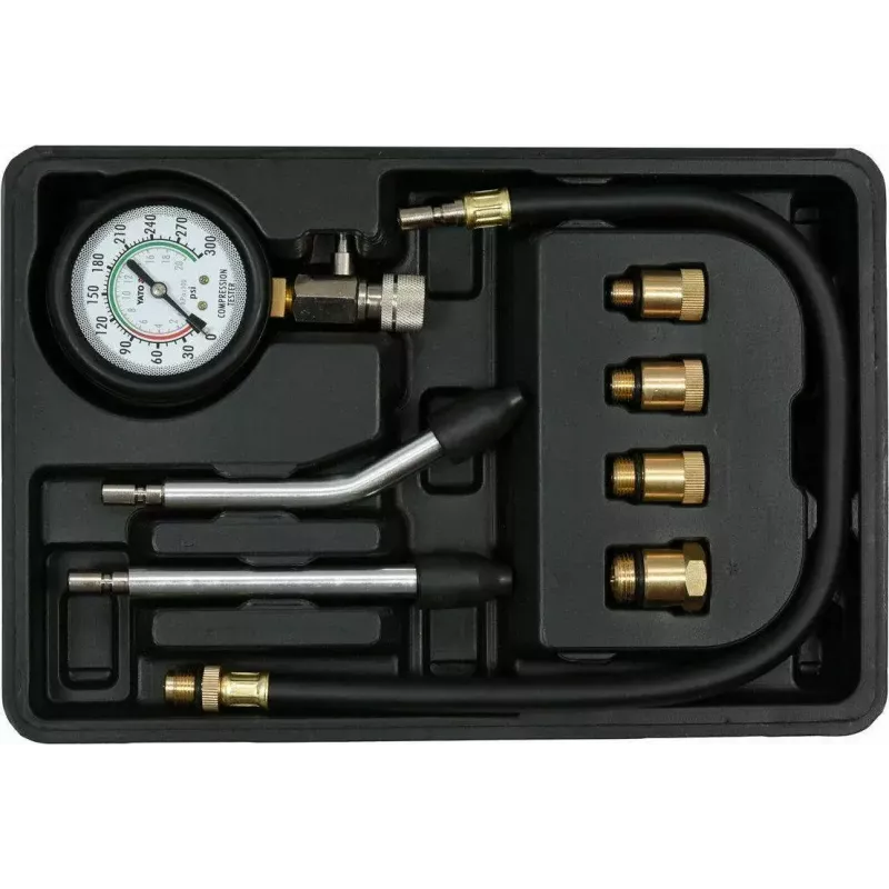 Manómetro analógico YATO YT-73022 0–20 bar, esfera de 75 mm, acero al carbono, manguera de 0,5 m, 4 adaptadores de latón, maletín