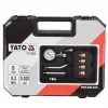 Manómetro analógico YATO YT-73022 0–20 bar, esfera de 75 mm, acero al carbono, manguera de 0,5 m, 4 adaptadores de latón, maletín