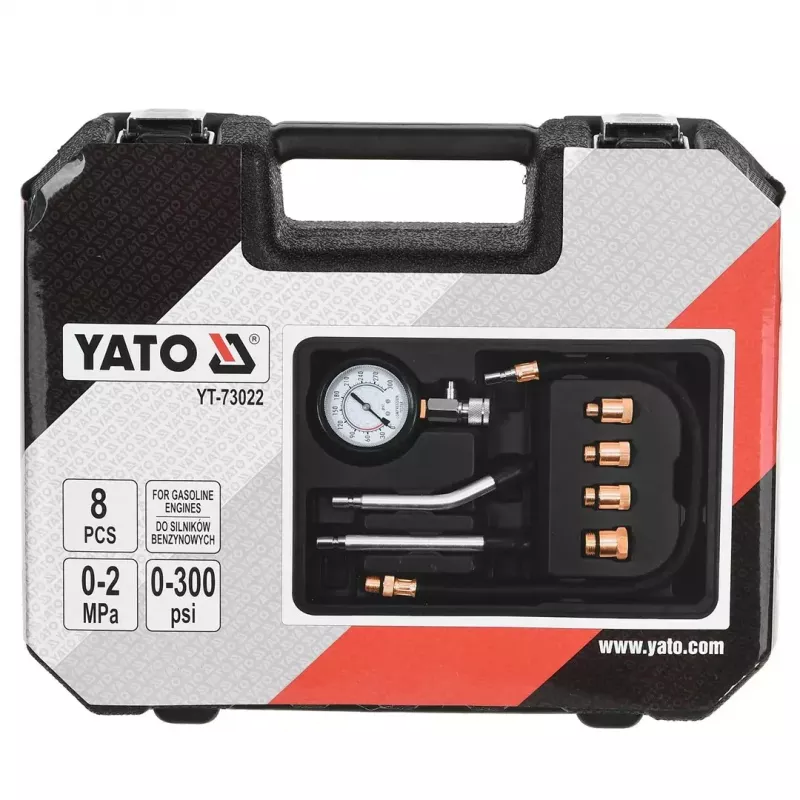 Manómetro analógico YATO YT-73022 0–20 bar, esfera de 75 mm, acero al carbono, manguera de 0,5 m, 4 adaptadores de latón, maletín