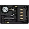 Manómetro analógico YATO YT-73022 0–20 bar, esfera de 75 mm, acero al carbono, manguera de 0,5 m, 4 adaptadores de latón, maletín