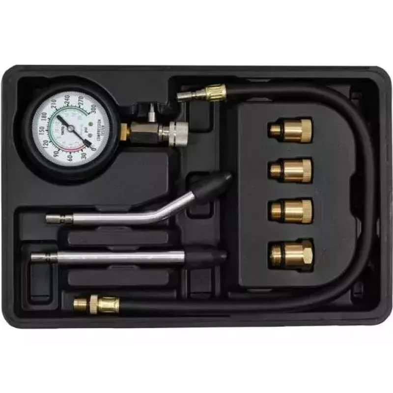 Manómetro analógico YATO YT-73022 0–20 bar, esfera de 75 mm, acero al carbono, manguera de 0,5 m, 4 adaptadores de latón, maletín