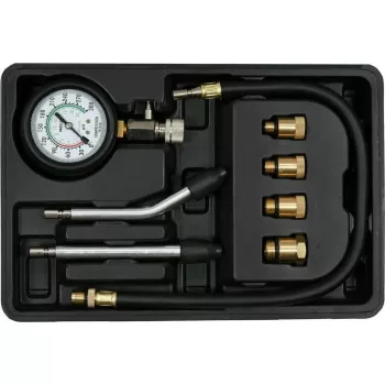Manómetro analógico YATO YT-73022 0–20 bar, esfera de 75 mm, acero al carbono, manguera de 0,5 m, 4 adaptadores de latón, maletín
