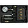 Manómetro analógico YATO YT-73022 0–20 bar, esfera de 75 mm, acero al carbono, manguera de 0,5 m, 4 adaptadores de latón, maletín