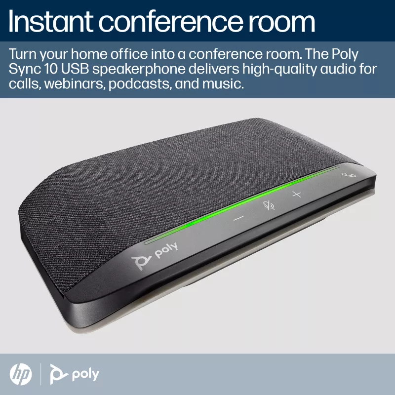 Altavoz HP Poly Sync 10 + cable USB-A a USB-C, PC, negro, 0,715 m, Windows 10, Windows 11, MacOS, 100–7800 Hz