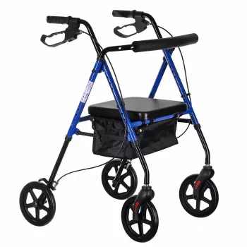 Andador de rehabilitación ActionMed CH100AM — andador ligero de aluminio de 4 ruedas, altura ajustable 700–937 mm, asiento 35×32 cm, carga máx. 136 kg, plegable