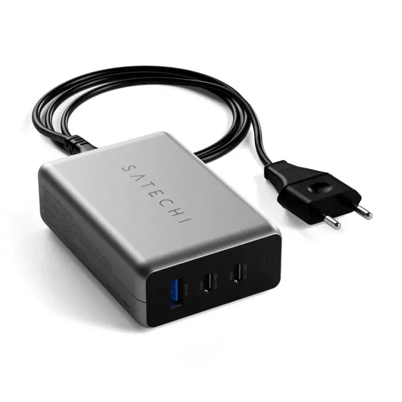 Cargador portátil Satechi ST-TC100GM-EU, 100 W, 2× USB-C, entrada AC 100–240 V, gris