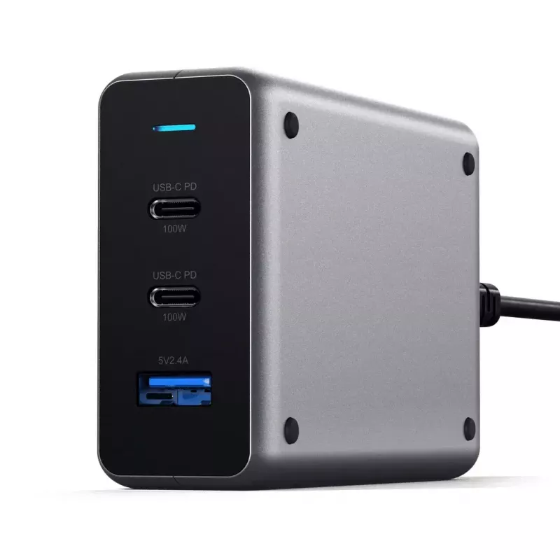 Cargador portátil Satechi ST-TC100GM-EU, 100 W, 2× USB-C, entrada AC 100–240 V, gris