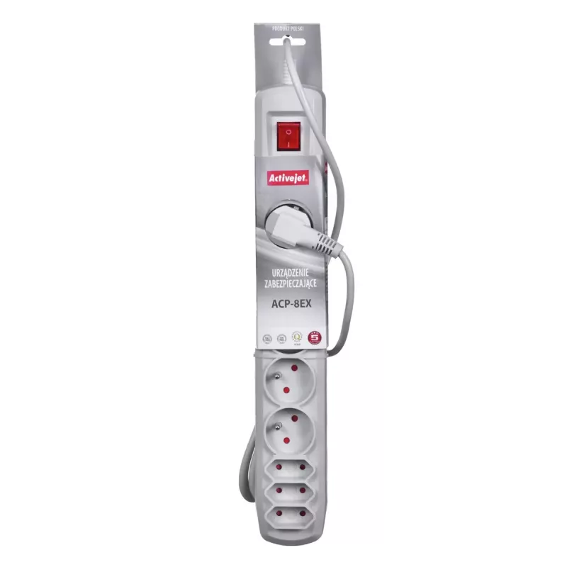Regleta ActiveJet APN-8G/5M-GR — 8 tomas AC (tipo E/C), cable de 5 m, 10 A, 230 V, gris
