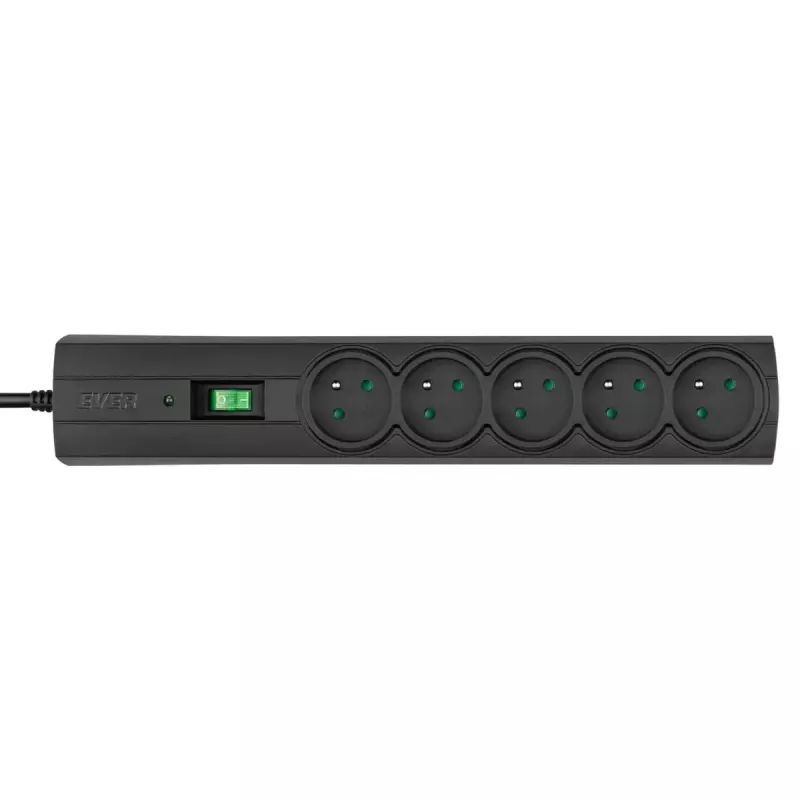 Alargador eléctrico EVER Classic 5 m — 5 tomas schuko, 230 V, 10 A, protección contra sobretensiones, negro