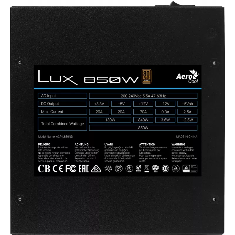 Fuente de alimentación para PC Aerocool LUX850 850W 80 Plus Bronze 230V 88% de eficiencia negra