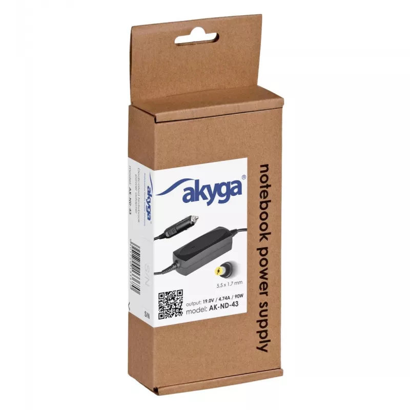 Fuente de alimentación para portátil de coche Akyga AK-ND-43 para Acer, 90 W, 19 V / 4,74 A, 5,5 x 1,7 mm, entrada 12 V