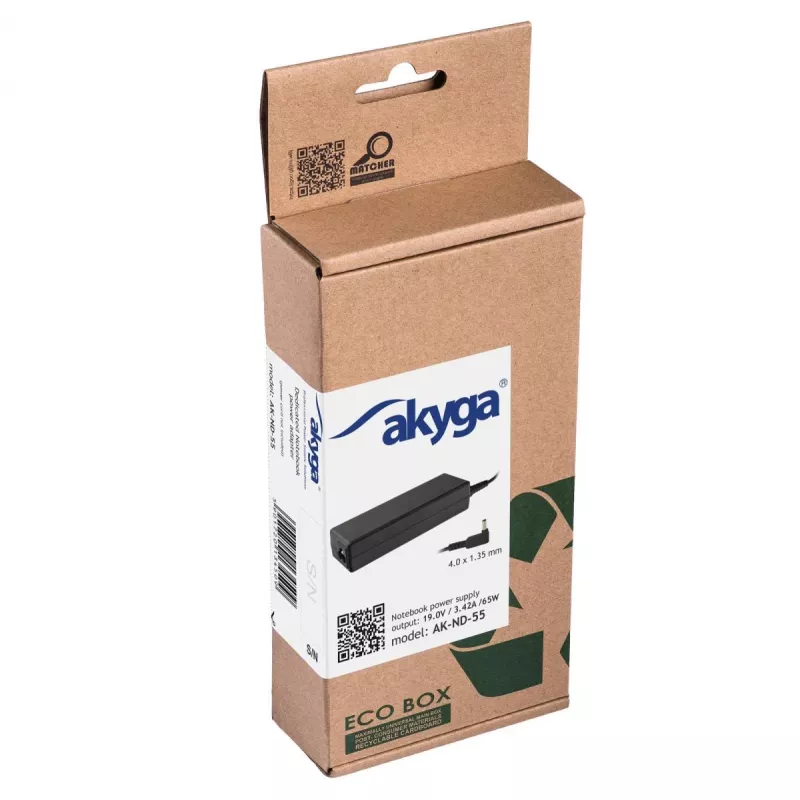 Fuente de alimentación para portátil Akyga AK-ND-55 19 V / 3,42 A, 65 W, conector 4,0 x 1,35 mm, para Asus
