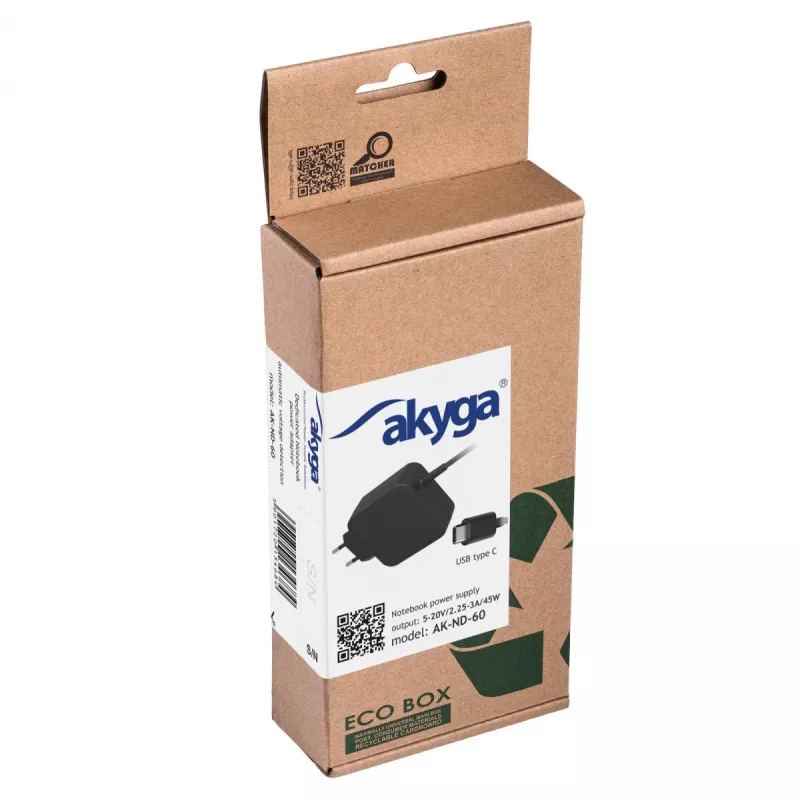 Fuente de alimentación para portátil USB-C Akyga AK-ND-60 45 W, Power Delivery, 5–20 V, 1,2 m