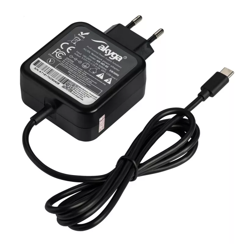 Fuente de alimentación para portátil USB-C Akyga AK-ND-60 45 W, Power Delivery, 5–20 V, 1,2 m