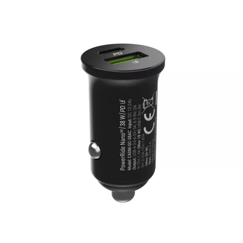 Cargador para coche Green Cell CADM-GC-38AC 38W, 1x USB-C (PD 3.0) + 1x USB-A, carcasa de aluminio, negro