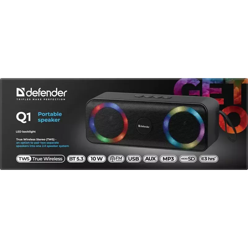 Altavoz Bluetooth mono portátil DEFENDER Q1 negro, 10 W RMS, 1200 mAh, Bluetooth 5.0, MicroSD, FM, AUX, USB