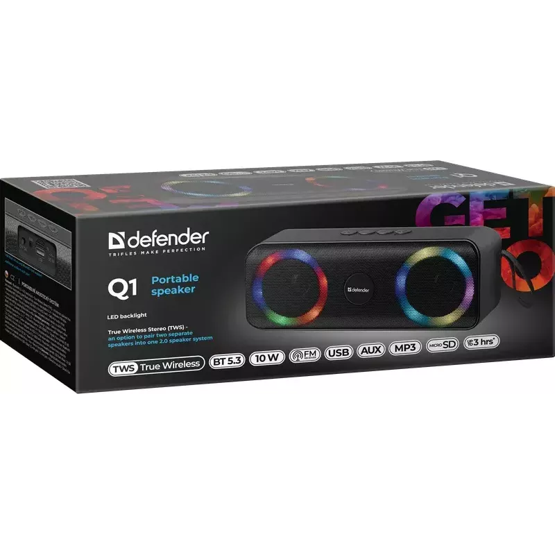 Altavoz Bluetooth mono portátil DEFENDER Q1 negro, 10 W RMS, 1200 mAh, Bluetooth 5.0, MicroSD, FM, AUX, USB