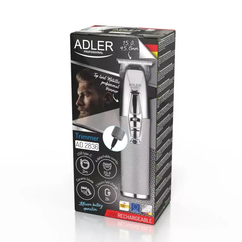 Recortadora de barba Adler AD 2836S, batería de litio inalámbrica, 0,9–6 mm, 4 niveles de longitud, cuchillas de acero inoxidable, plateada