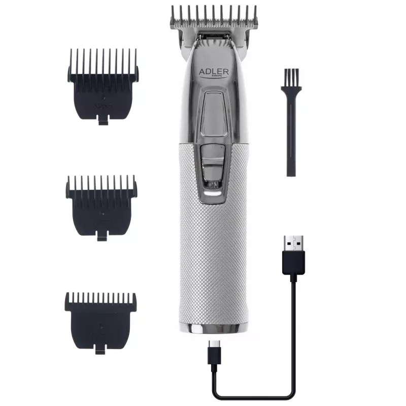 Recortadora de barba Adler AD 2836S, batería de litio inalámbrica, 0,9–6 mm, 4 niveles de longitud, cuchillas de acero inoxidable, plateada