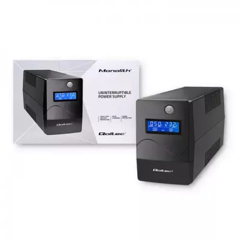 Qoltec Monolith 53979 SAI (UPS), line-interactive, 850 VA / 480 W, 2 tomas Schuko, LCD, USB, RJ45