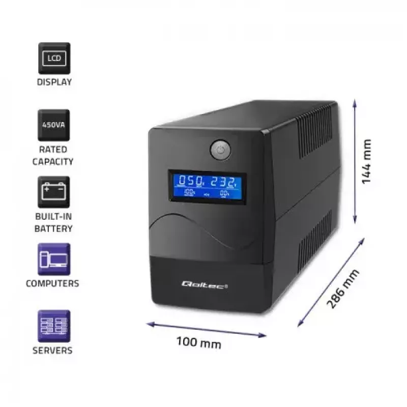 Qoltec Monolith 53979 SAI (UPS), line-interactive, 850 VA / 480 W, 2 tomas Schuko, LCD, USB, RJ45