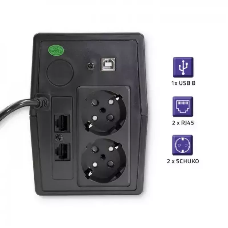 Qoltec Monolith 53979 SAI (UPS), line-interactive, 850 VA / 480 W, 2 tomas Schuko, LCD, USB, RJ45