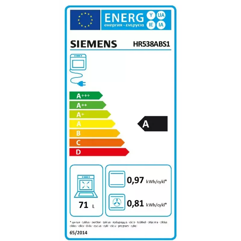 Horno eléctrico empotrable Siemens iQ500 HR538ABS1, 71 L, negro, acero inoxidable, pantalla LCD