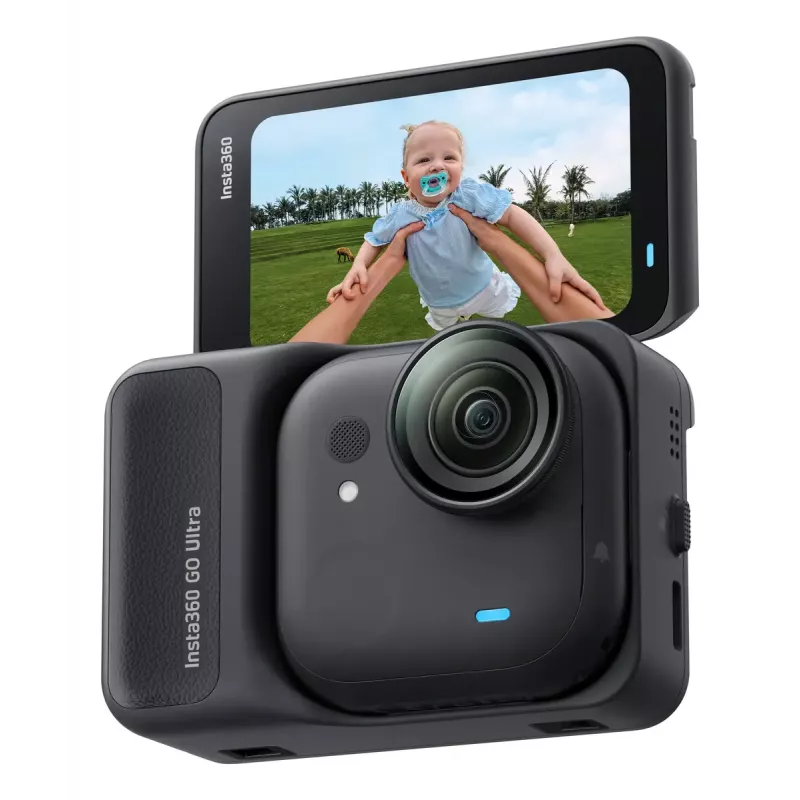 Insta360 GO Ultra Standard Bundle cámara de acción, 4K Ultra HD 3840x2880, sensor de 1/1,28 pulgadas, 240 fps, Wi-Fi, Bluetooth 5.4, pantalla táctil abatible de 2,5 pulgadas, MicroSD, 52,9 g, negra