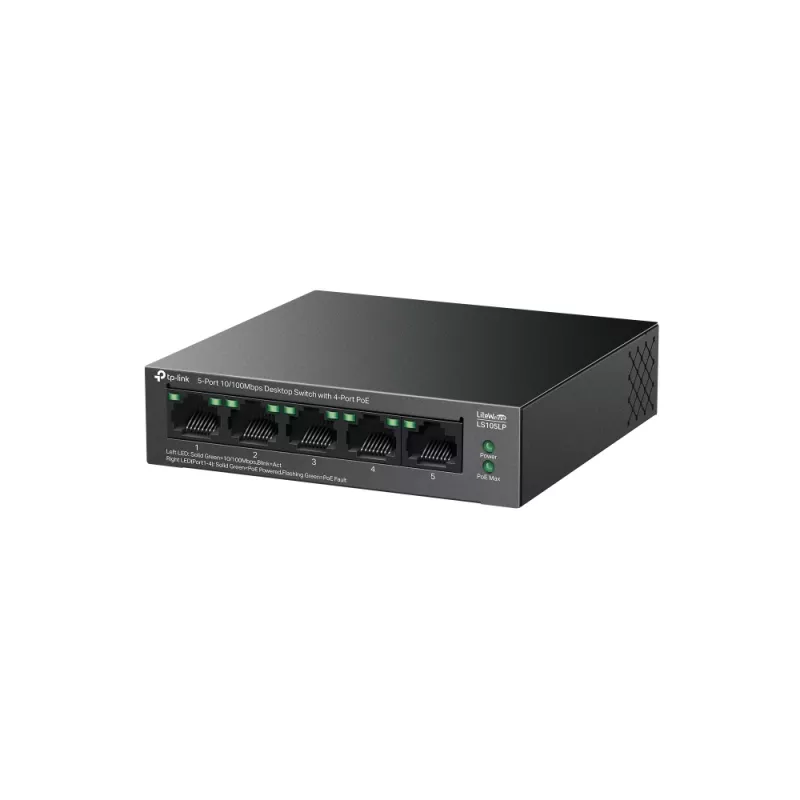 Switch no gestionado TP-LINK LS105P, 5 puertos Fast Ethernet (10/100), 4 puertos PoE, capacidad de conmutación 1 Gbit/s, sin ventilador, negro