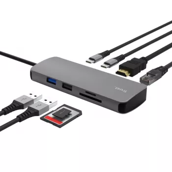 Hub USB Type-C TRUST 25672 — HDMI, RJ-45, USB 3.2 Gen 1 Type-A/Type-C, SD/MicroSD, gris