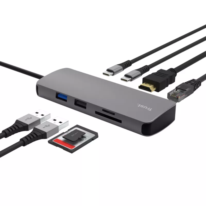 Hub USB Type-C TRUST 25672 — HDMI, RJ-45, USB 3.2 Gen 1 Type-A/Type-C, SD/MicroSD, gris