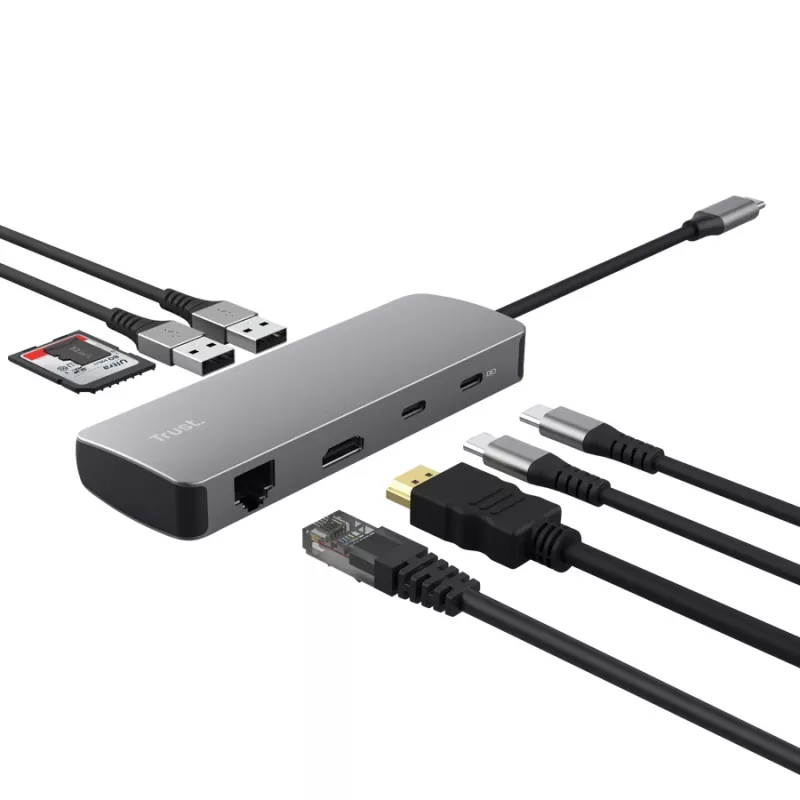 Hub USB Type-C TRUST 25672 — HDMI, RJ-45, USB 3.2 Gen 1 Type-A/Type-C, SD/MicroSD, gris