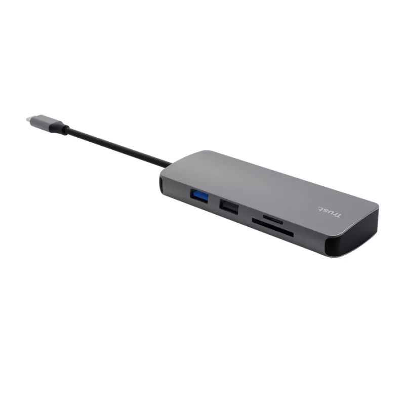 Hub USB Type-C TRUST 25672 — HDMI, RJ-45, USB 3.2 Gen 1 Type-A/Type-C, SD/MicroSD, gris