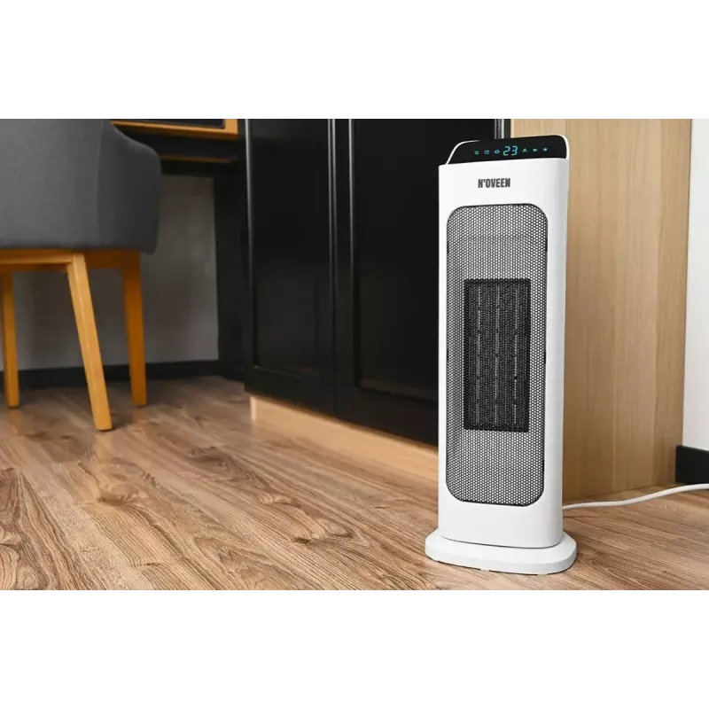 Calefactor cerámico eléctrico NOVEEN PTC2000 — 2000 W, termostato regulable, pantalla LED, temporizador, mando a distancia, blanco