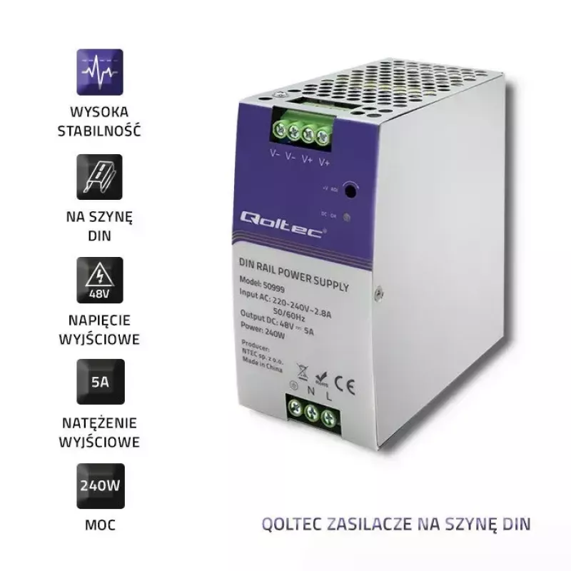 Fuente de alimentación para carril DIN QOLTEC 50999, 240W, 48V DC, salida 5A