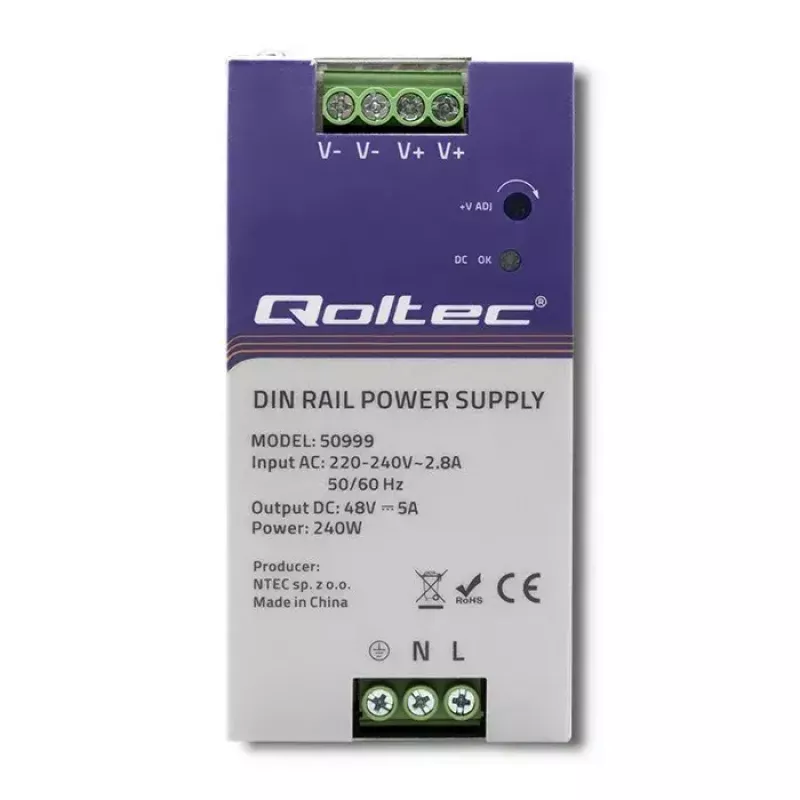 Fuente de alimentación para carril DIN QOLTEC 50999, 240W, 48V DC, salida 5A