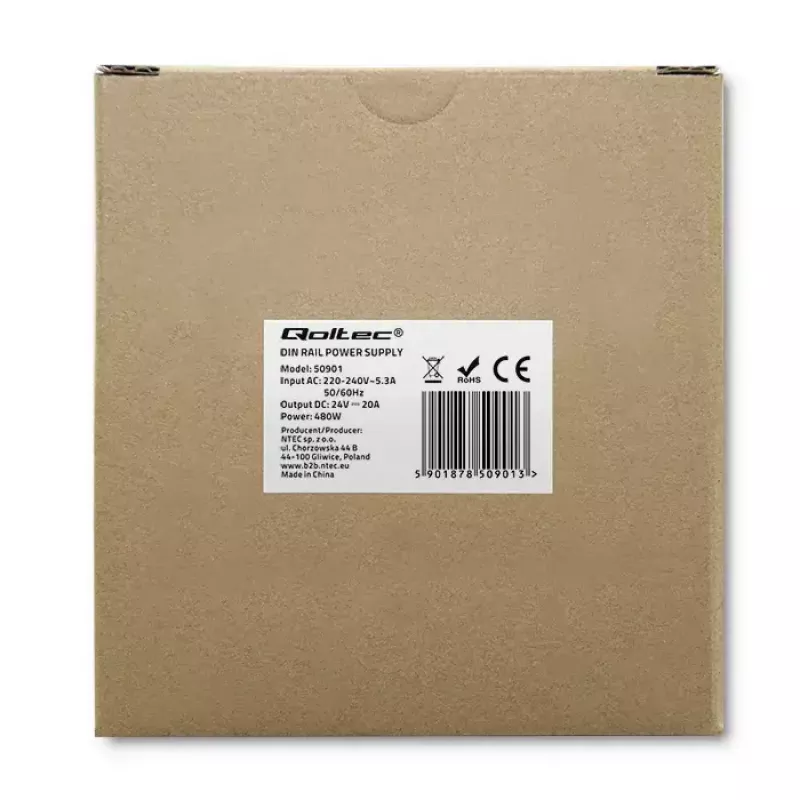 Fuente de alimentación industrial para carril DIN QOLTEC 50901 — 480W, 24V DC, 20A